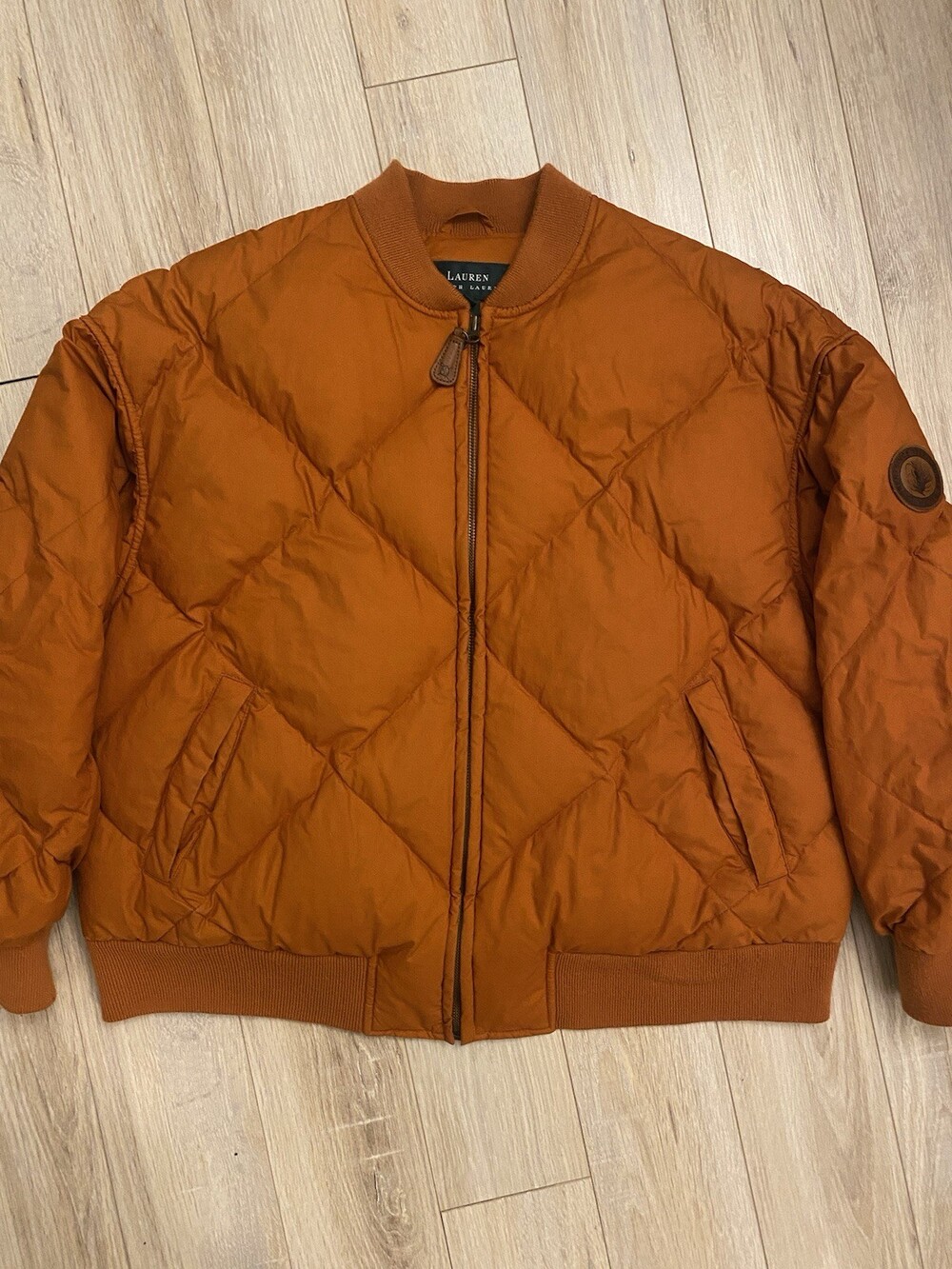 Lauren Ralph Lauren Quilted Bomber Jacket Size L Orange Sweater Trim